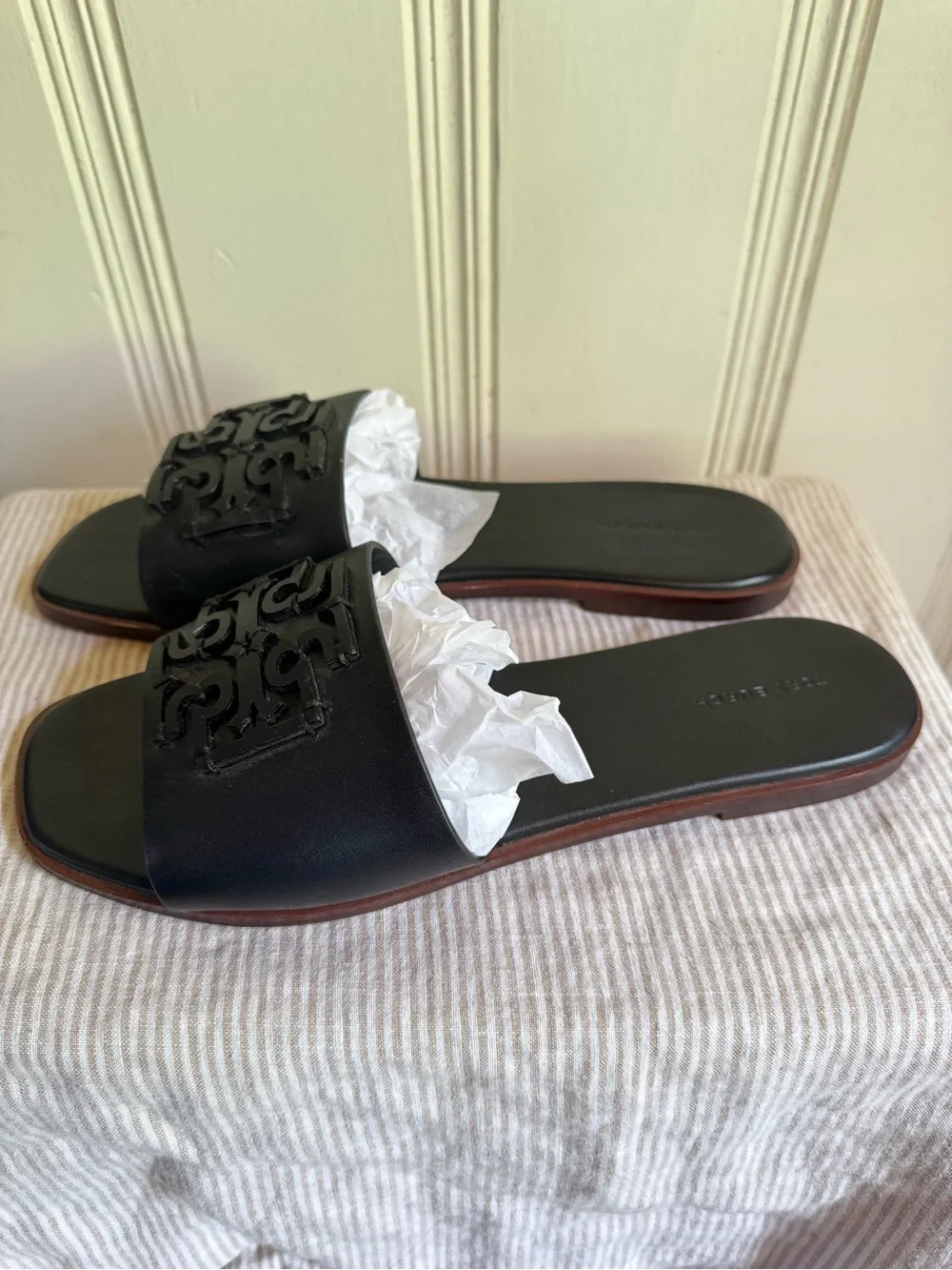 Tory Burch Ines Black Leather Slide Sandals with Logo Accent - Women